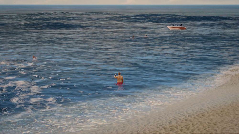 3D Visualisierung von einem Strand zwei Menschen im Wasser und einem Boot