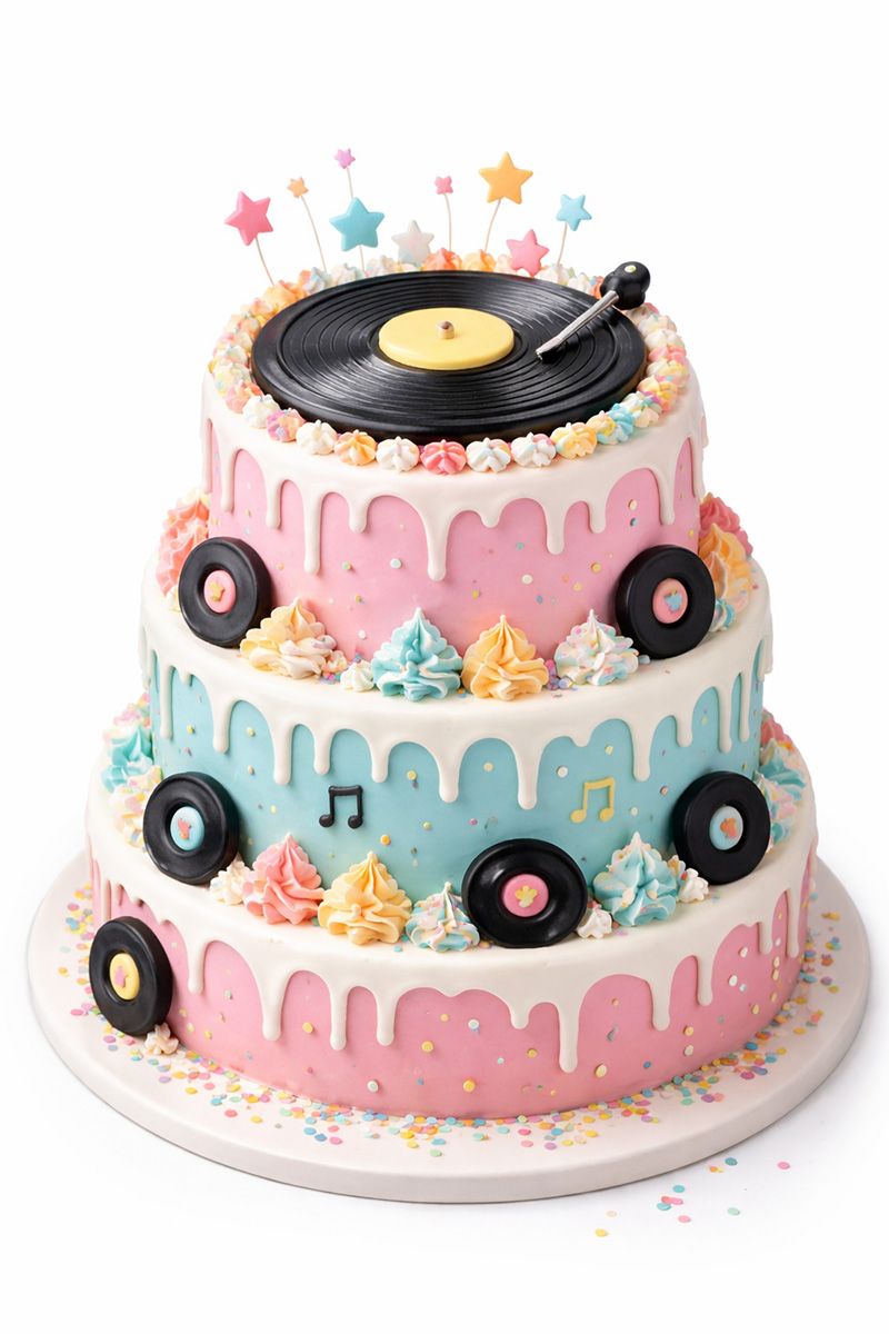 Torte mit Zuckerguss und Dekoration sowie Schallplatten